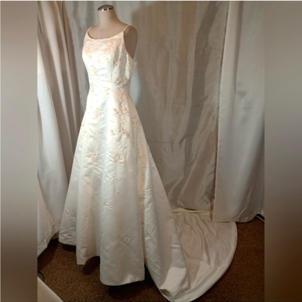 David Bridal A-Line Wedding Dress,White Satin/Gold Sequin/Beads/Train/Straps, 10